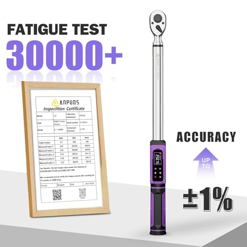 Image of ANPUDS 1 /2 inch Digital Torque Wrench, ±1% Accuracy, 3.76-250.75 Ft-lb | 9 Presets, 500 Data Storage, LED /Buzzer /Vibration Alerts, 5 Units, Color Display, Adapter & Extension for Auto Repair