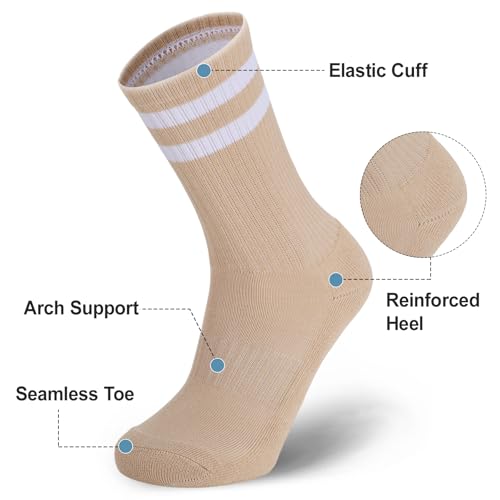 Image of Ultrafun 5 Pairs Striped Crew Socks Cotton Cushioned Athletic Sports Running Socks for Men Women Teens