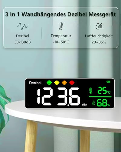 Digitaler Dezibelmessgerät, 3 In 1 Schallpegelmesser Wandbehang Schallpegelmessgerät mit Temperatur & Feuchtigkeits, 30~130dB, 11\ Große LED Bildschirm, für Zuhause, Babyzimmer, Bibliothek