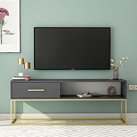 moebel17 TV-Schrank, Fernsehtisch,TV Lowboard, TV Tisch,Sideboard,Mira,stehend, Anthrazit Gold mit Gestell aus Metall Cover