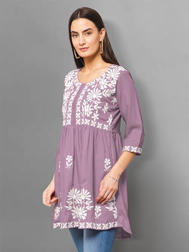 Image of Winza Designer Rayon Chikankari Embroidered Short Kurti | Plus Size Kurta Tunic Top