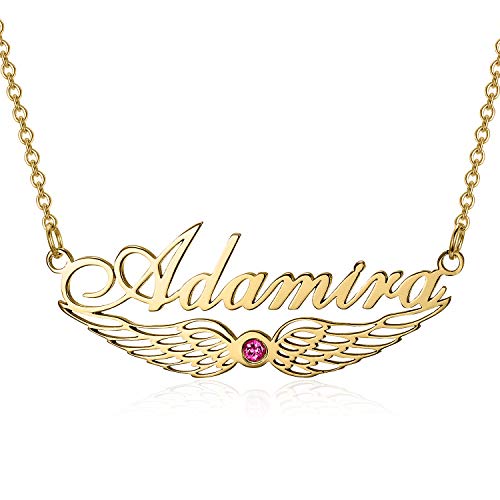 Angels Wings - 925 Sterling Silver Personalized Angel Wing Synthetic Birthstone Name Necklace Adjustable Chain 16”-20” (Gold, gold-plated-copper)
