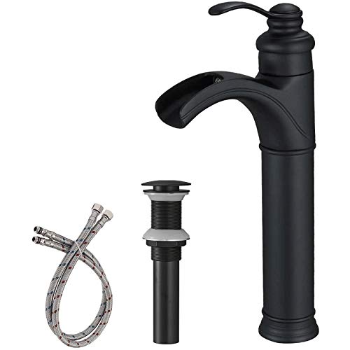BATHLAVISH Vessel Sink Faucet Black Tall Bathroom Waterfall Farmhouse Single Hole Matte Black Solid Brass Bath Vanity Lavatory Bowl with Pop Up Drain Without Overflow Lead-Free