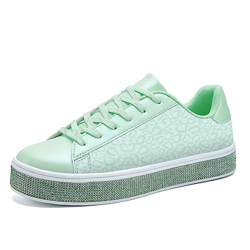 Image of UUBARIS Women's Glitter Tennis Sneakers Neon Dressy Sparkly Sneakers Rhinestone Bling Wedding Bridal Shoes Shiny Sequin Shoes