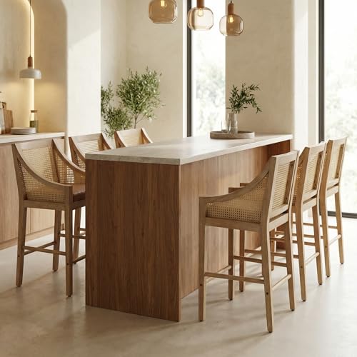CIMOTA Bar Stools Set of 2, Farmhouse 27.5" Rattan Counter Height Bar Stools with Back, Pu Leather Upholstered Counter Stools with Wood Legs for Kitchen Island, Brown