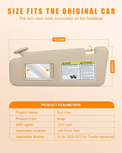 Ocpty Left Driver Side Beige Sun Visor With Sunroof Fit For 2008 2009 2010 2011 2012 2013 For Toyota Highlander (74320-48500-E0,74320-48180-E0,04005-11148-E0) #TOP3
