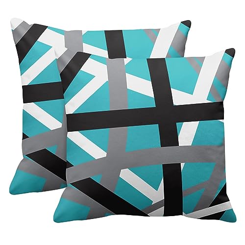 Emvency Set of 2 Throw Pillow Cover Turquoise Black Stripes Grey White Design Retro Teal Decorative Pillow Case Striped Home Decor Square 16x16 Inch Cushion Pillowcase by Emvency - Used condition - US$12.02