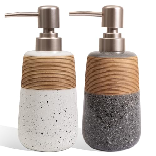 Image of 2 Pcs Ceramic Soap Dispenser Set, 15 Oz Refillable Liquid Soap Dispensers with Embossed Texture for Bathroom Countertop and Kitchen Sink, Hand Soap, Dish Soap & Lotion Bottles, Modern Home Decor