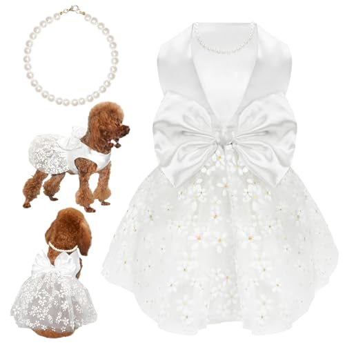 Topkins Dog Dresses, Breathable Pet Outfit with Pearl Necklace, Dog Evening Dress with Flowers, Puppy Slik Clothes, Dogs Party Skirt, White XL