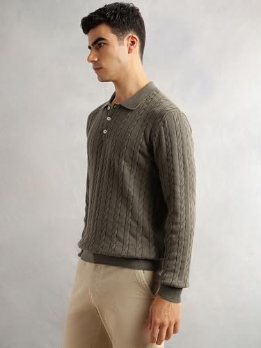 Image of Thomas Scott Men's | Regular Fit | Long Sleeves | Self Design | 100% Cotton | Button Closure | Dry Clean | Polo Collar | Knitted | T-Shirt