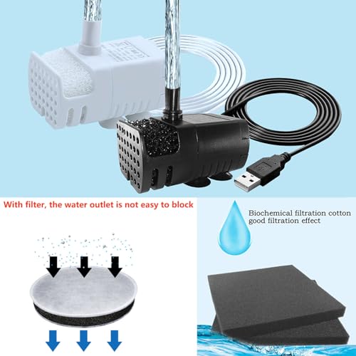 Image of 2Pcs USB Mini Fountain Pump,DC 5V 0.7W Mini Submersible Pump with Filter,Suitable for Small and Medium-Sized Aquariums,Desktop Fountain Pumps,Ponds,Hydroponic Pumps (black + white)