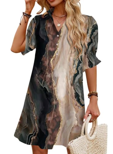 Image of Womens Summer Shirt Dress 2026 Casual Ruffle Short Sleeve Button Down Flowy Swing Shift Mini Dresses with Pockets