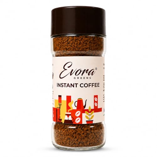 Image of Evora Greens Classic Instant Coffee | Arabica & Robusta Blend | Strong Aroma & Smooth Taste | Hot, Cold & Black Coffee | Makes 50 Cups | 100g Glass Jar