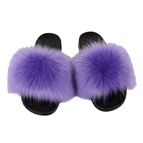 Image of MH Bailment Womens Furry Fluffy Slippers Faux Fur House Slippers Open Toe Fuzzy Slides Soft Flat Slip On Sandals for Indoor Outdoor