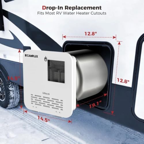 Image of CAMPLUX 6 Gallon Hybrid RV Water Heater, Propane Gas & Electric Dual Fuel 12000 BTU 1440W, Porcelain Lined Tank with Anode Rod, DSI Ignition, Direct Replacement for Suburban Dometic, White