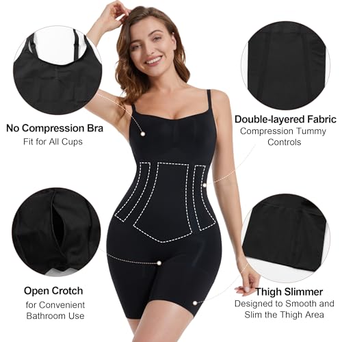 Image of SHAPERX Women's Shapewear Bodysuit Smoothing Tummy Control Body Shaper with Adjustable Straps Comfortable Mid-Thigh Shorts