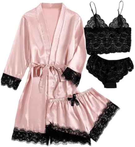 PALAY®Women Lingerie Underwear Suit Set of 4Pcs Silk Lace Women Longsleeve Robe Black Lace Bra Thong Set, M