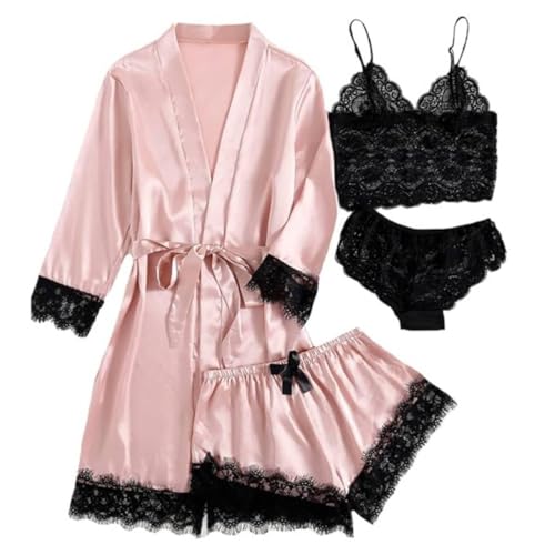 Image of PALAY Women's Pajama Satin Sexy Lingerie Robe Set 4Pcs Pjs Silk Sleepwear Floral Lace Cami Shorts Loungewear with Robe