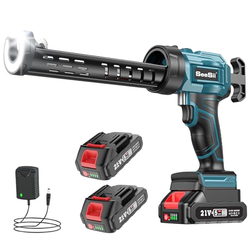 SEESII Silicone Sealant Gun with 2-Batteries, 21V Electric Caulking Gun with Built-in LED Light, 4 Adjustable Speeds for Filling and Sealing