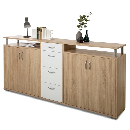 Inter Trade 1890 Enfilade buffet bahut bas 4 Portes 4 Tiroirs, Bois, Chêne Sonoma/Blanc, 208 x 41 x 95 cm