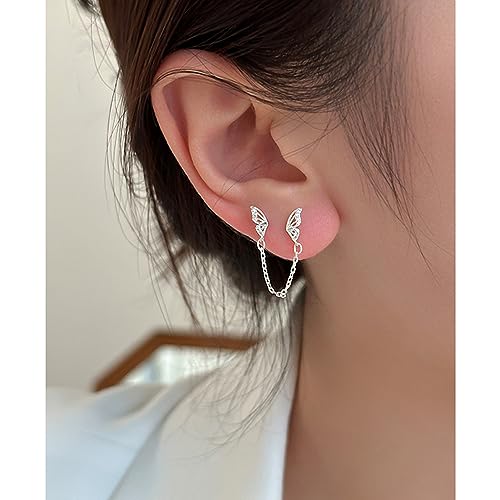 Cute Tiny Butterfly CZ Double Piercing Huggie Small Stud With Short Chain 925 Sterling Silver Cuff Wrap Earrings for Women Cartilage Two Holes Animal Dangle Drop Hypoallergenic4