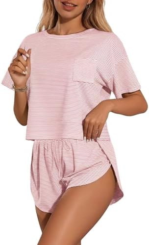 Ekouaer Womens Striped Pajama Sets Sexy Lounge Sets Side Split Short Pj Sets Cute Pjs 2 Piece Comfy Sleepwear Loungewear Pink and White Stripes Medium - 3