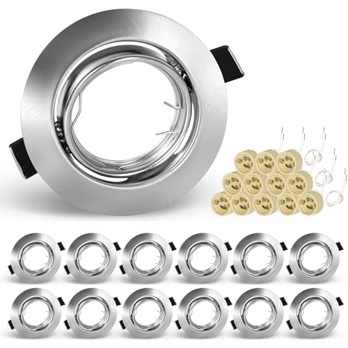 KEJIYILT Set di 12 faretti da incasso GU10, orientabili, 230 V, in acciaio inox spazzolato, faretti da soffitto rotondi, con attacco per LED GU10 o alogeni