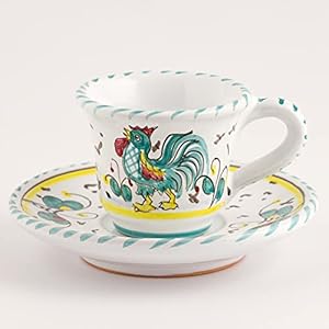 Italian Ceramic Espresso Cup & Saucer Galletto Verde, Deruta – Hand Painted Cup, Made in Italy Ceramics, Handmade Coffee Cups, Italian Ceramics Deruta, Italian Pottery