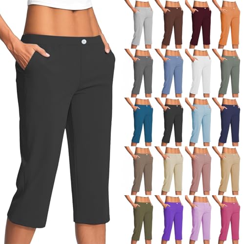 Women Capris for Summer Dressy Work Pants Stretchy Capri Pants Elastic Waist Business Loose Casual Trousers