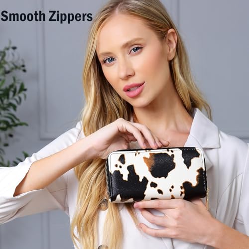 Cow Print Wallet for Women,Western Highland Cowhide Purse Zip Around Walles Cow Stuff Gifts for Ladies Brown3