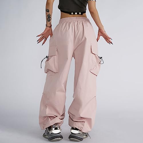 Women's Fashion Cargo Pants Parachute Pants with 4 Pockets High Rise Elastic Streetwear Baggy Casual Summer (Pink, XL)4