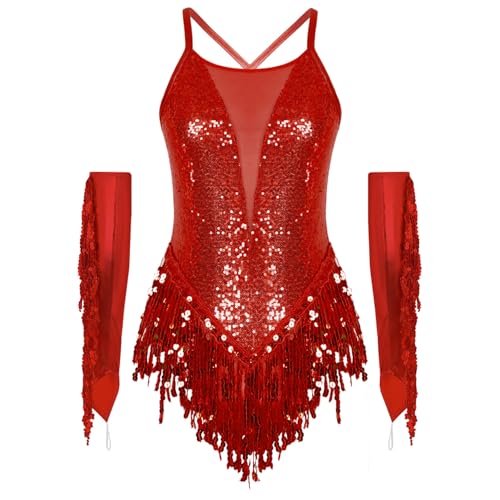 inlzdz Damen Glitzer Pailletten Tanzkostüm Latein Tanz Trikotkleid Tanzanzug Body Handschuhe mit Quasten Fransen Swing Performance Bühne Kostüm Rot...