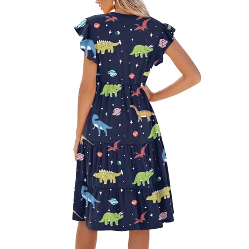 Image of Womens Summer Dress Ruffle Sleeve V Neck Dress Casual Fit Flowy Beach Vacation Sundress with Pocket S-2XL