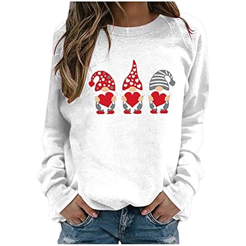 hmtitt Women Valentine Popular O Collar Loose Sweatshirt Classic Printed Long-Sleeves Winter Top Sweater Shirts (White, M) Cover