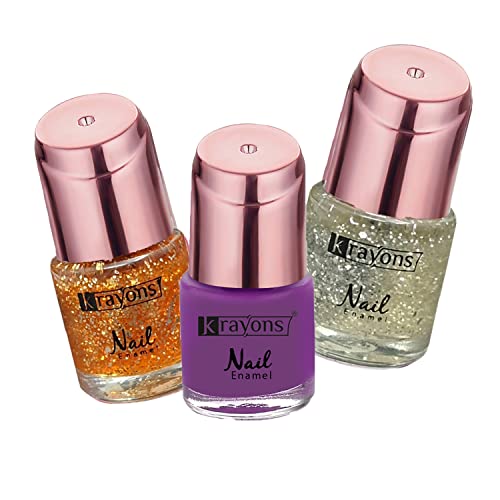 Image of Krayons Crazy Gel Nail Enamel, Waterproof, Longlasting, 8ml Each, Multicolor, Pack of 3 (Shimmer Golden, Shimmer Silver, True Purple)