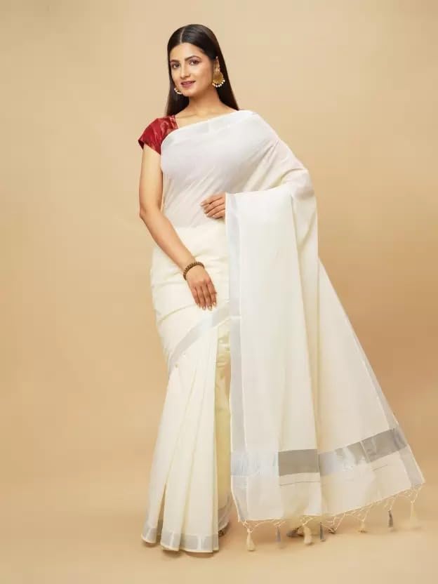 Image of Women's Kerala Off white cotton saree with running blouse| Onam Saree | Vishu Saree | Traditional White Saree