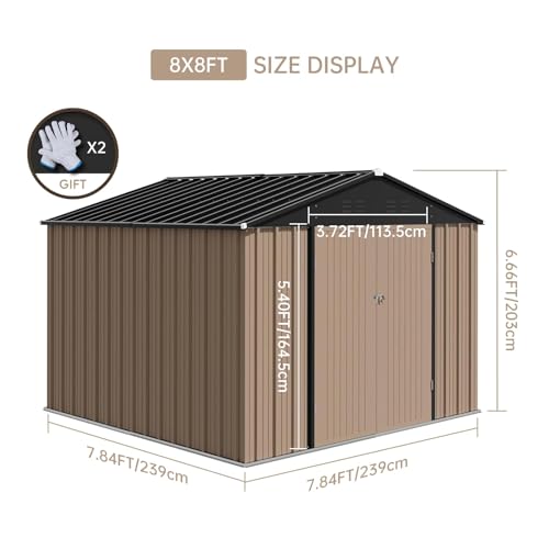 Image of 8X8FT Metal Outdoor Storage Shed - Galvanized Steel Waterproof Garden Shed with Lockable Doors & Vents, All-Weather Utility Tool Shed for Lawn Mower, Bike