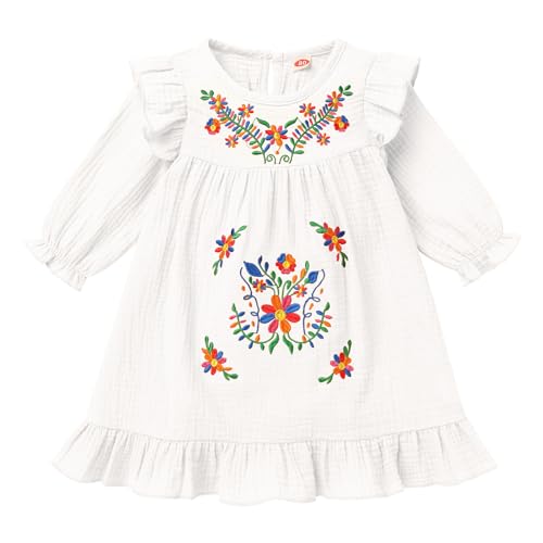 Toddler Baby Girl Mexican Dress Long Sleeve Floral Embroidery Dress Cinco de Mayo Fiesta Birthday Party Dresses