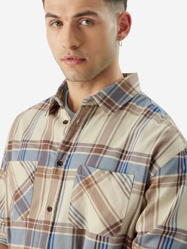 Image of The Souled Store Checks: Blue Yellow Men and Boys Long Sleeve Collared Neck Button Front Relaxed Fit Shirts Shirts Casual Plaid Button-Down Long Sleeve Checks Checkered Casual Workwear Fashionable
