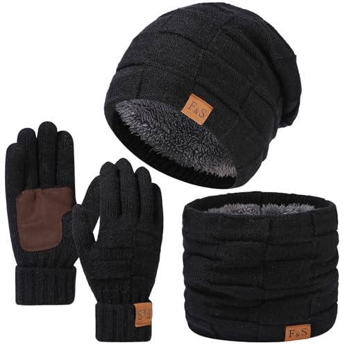 Yoolhamy Conjunto de gorro, cachecol e luvas para homem, gorro térmico de malha de lã com forro polar e cachecol para o pescoço e luvas para ecrã tátil, luvas 3 em 1, acessórios aquecedores, Preto