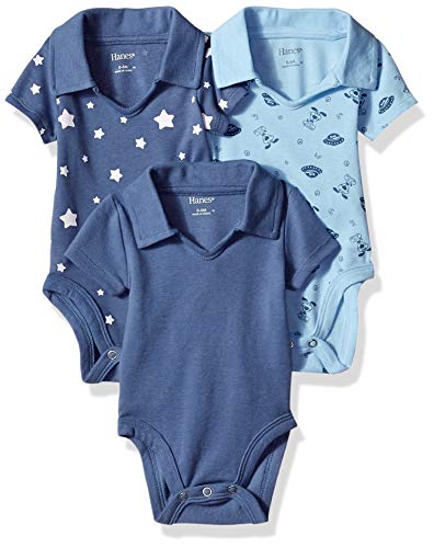 Hanes Ultimate Baby Flexy 3 Pack Short Sleeve Polo Bodysuits, Sky, 18-24 Months