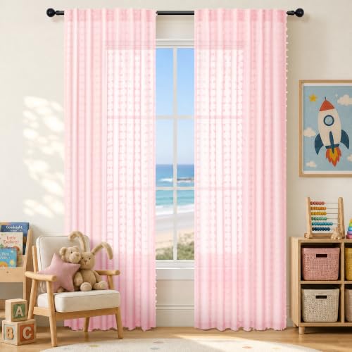 DANCURTON Light Pink Sheer Curtains 90 Inches Long Cute Pom Pom Baby Pink Voile Drapes with Back Tab for Girls Nursery Teen Kids Room Boho Semi Sheer Window Curtains 2 Panels Set for Living Room Decor
