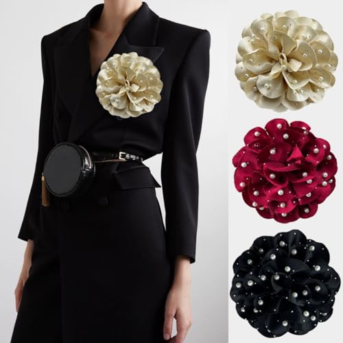 Image of Elegant Large Rose Flower Brooches Lapel Pins Handmade Dainty Satin Fabric Pearl Brooches Big Camellia Flower Brooch Pin for Women Wedding Part Dance Dress Suit Clothes Accessories Prom Jewelry