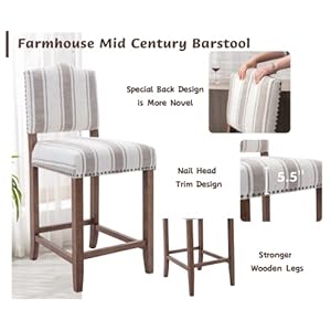 CIMOTA Counter Height Bar Stools Set of 2 Farmhouse Bar Chairs Mid Century Counter Stools Barstools with Back Kitchen Stools with Wood Legs for Island/Dining Room, Linen Beige Brown Stripe, 26 Inch CIMOTA Counter Height Bar Stools Set of 2 Farmhouse Bar Chairs Mid Century Counter Stools Barstools with Back Kitchen Stools with Wood Legs for IslandDining Room Linen Beige Brown Stripe 26 Inch