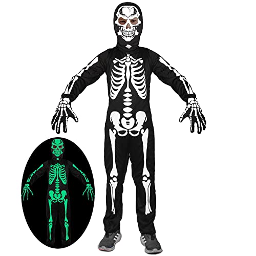 SKCAIHT Skeleton Costume Kids Glow in The Dark Skull Scary Halloween Costume for Boys and Girls (5-7 Years)