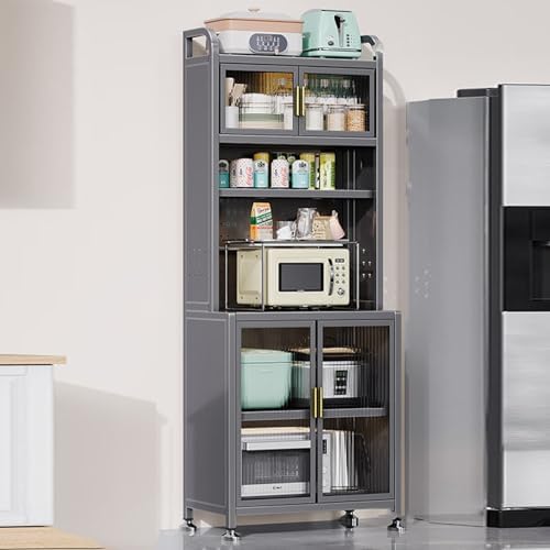 6-Tier Kitchen Baker's Rack, Versatile Microwave Stand & Dish Storage Cabinet with Pegboard, Stylish Gray Console for Kitchen, Dining & Living Room (39in)