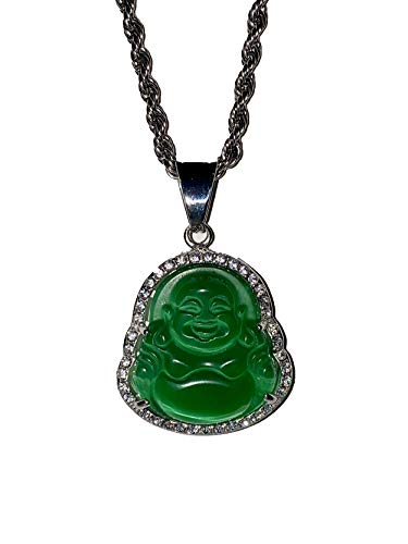 Laughing Buddha Dark Green Jade Pendant – 14k White Gold Filled Iced Necklace with Silver Rope Chain, Certified Grade A Jadeite Spiritual Jewelry