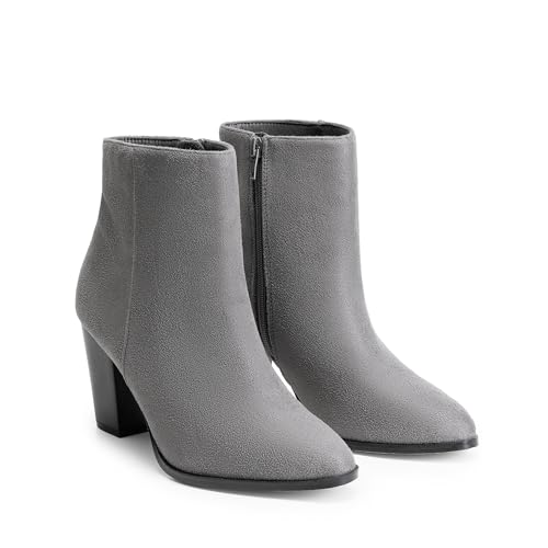 DREAM PAIRS Women's Ankle Boots Chunky Block Heel Booties,Size 9,GREY/SUEDE,ANITA