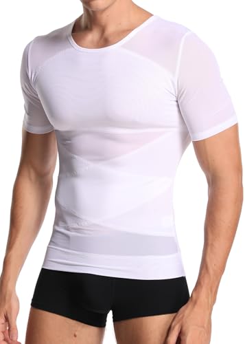 Joweechy Men Body Shaper Gynecomastia T Shirt Gym Undershirt Abs Abdomen Zipper Slimming Girdle Corset, White34, L Fits for Waist 30-32 inch/Weight 130-160lb