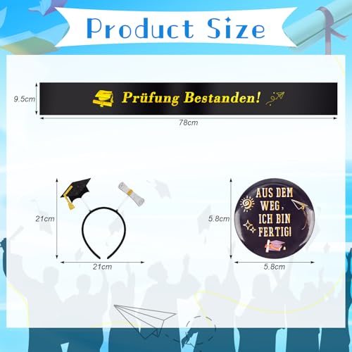 AWCIGG Abschluss Schärpe Haarreif Prüfung Bestanden Schärpe mit Abschluss Medaillen und Stirnbänder, Schwarz Gold Graduation Deko Abschluss Geschenk